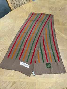 Givenchy Taupe Silk Scarf with Red, Orange and Green Stripes